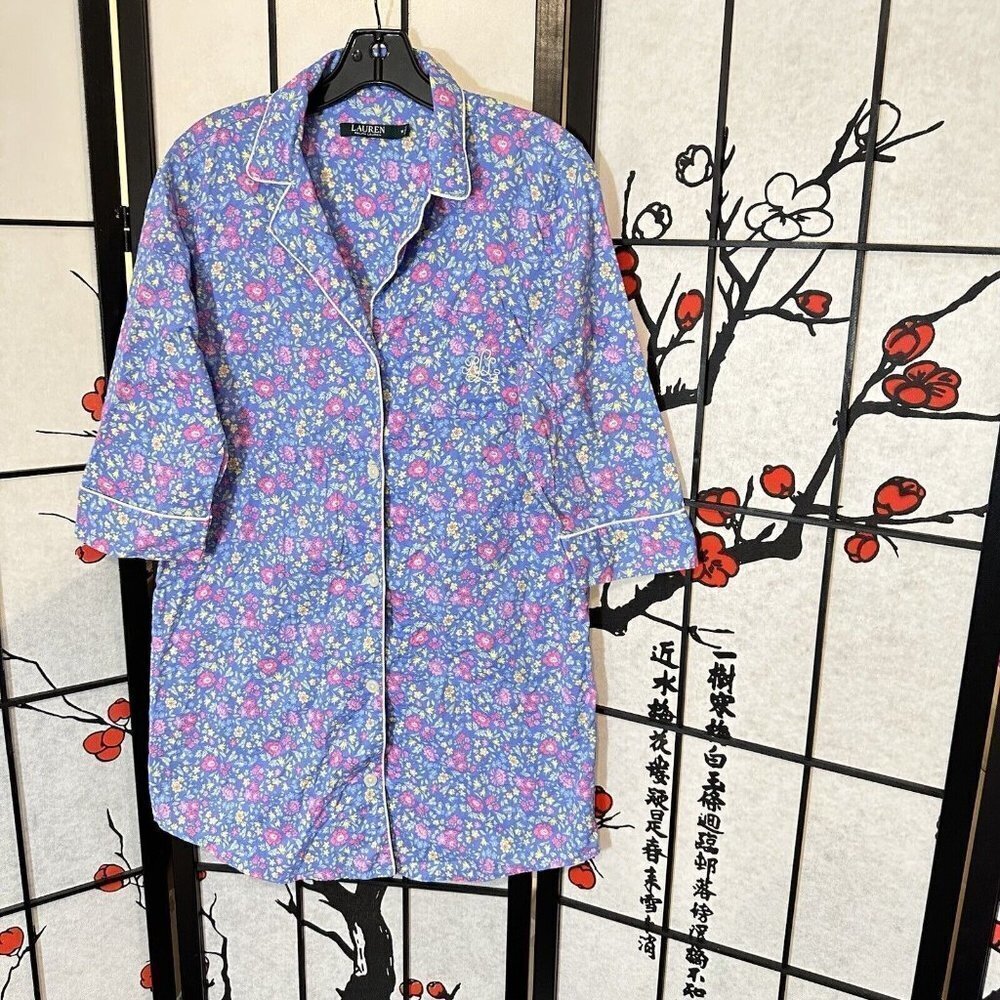 Lauren Ralph Lauren Pajama Dress Womens M Medium Blue Pink Floral Logo Sleepwear